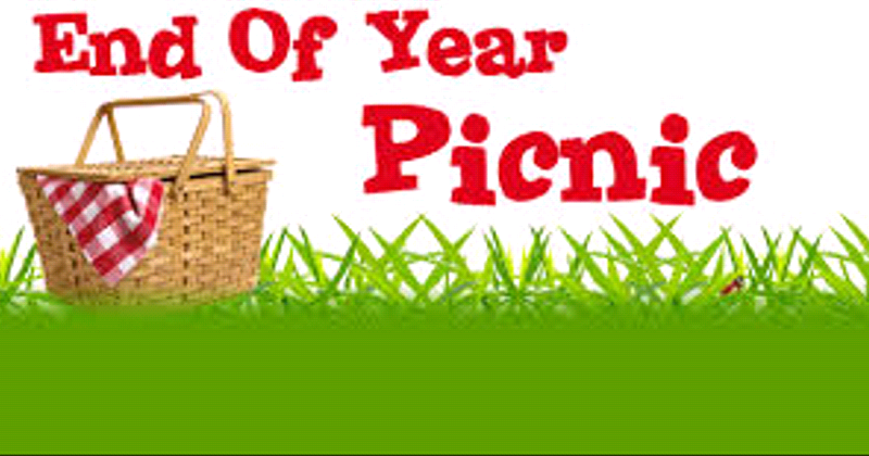 Graphic promoting an "End Of Year Picnic" with a picnic basket on green grass background.