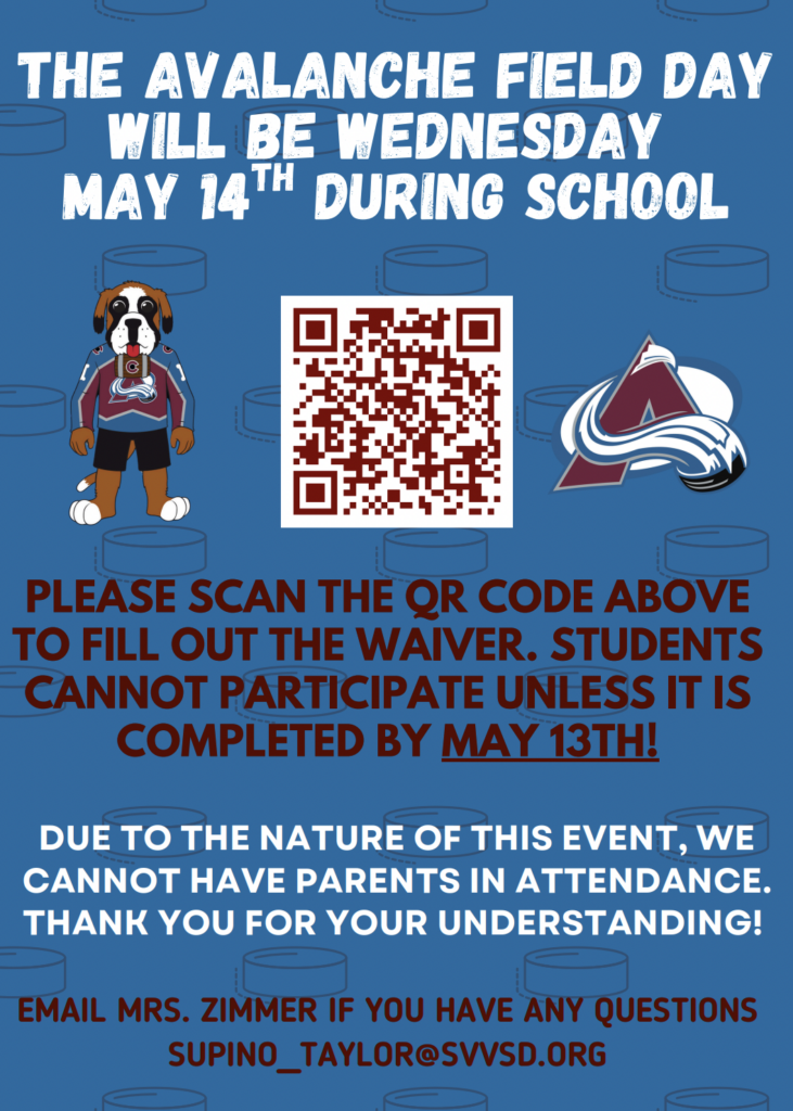 Avalanche Field Day on May 14. QR code for waiver completion by May 13. No parents allowed. Contact info included.