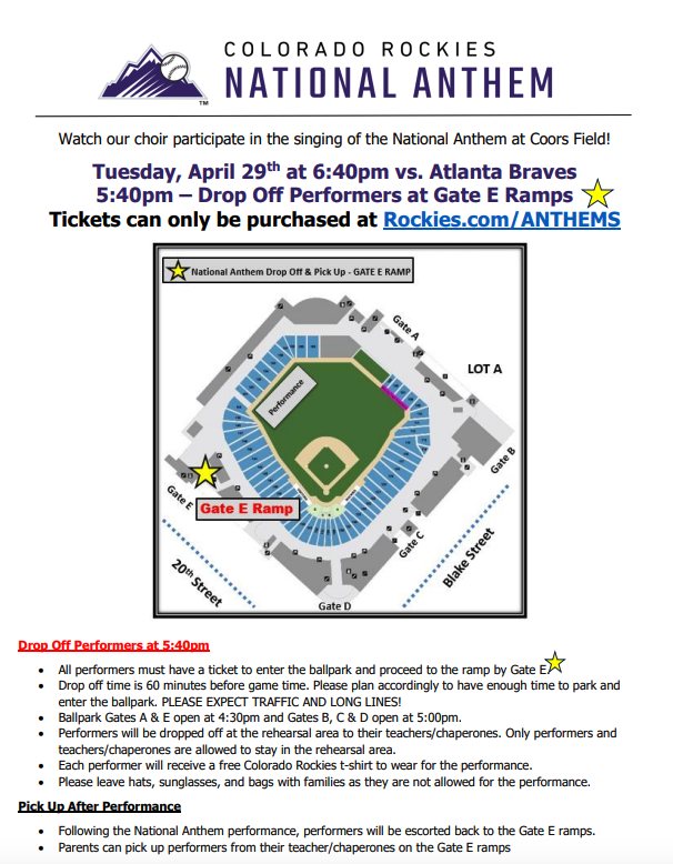 Image depicts event details for the Colorado Rockies National Anthem performance, including schedules and map.