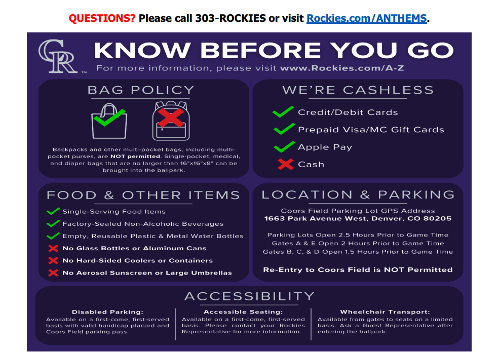Informational graphic detailing policies on bags, payment methods, food items, parking, and accessibility at Coors Field.