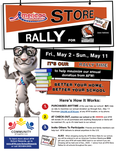 Promotional flyer for American Furniture Warehouse's Store Rally, supporting schools from May 2 to May 11.