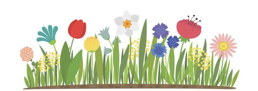 Colorful flowers of various types with green leaves and grass, set against a white background.