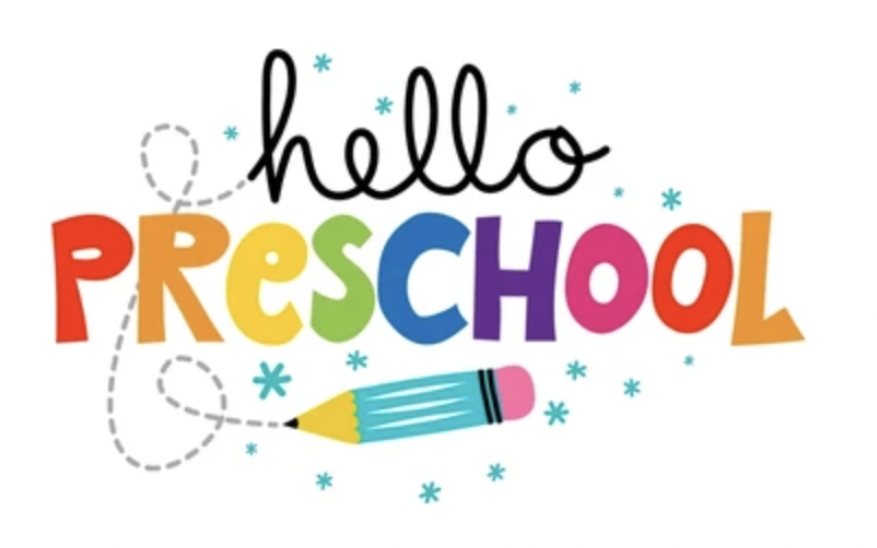 Colorful text saying "hello PRESCHOOL" accompanied by a pencil and decorative stars.