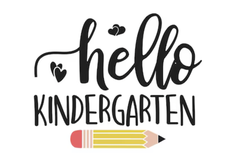 Handwritten style text saying "hello kindergarten" with decorative hearts and a yellow pencil illustration.