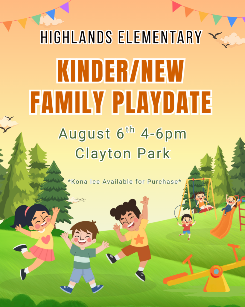Flyer for a playdate at Clayton Park on August 6th from 4-6 PM; children playing and details about Kona Ice.