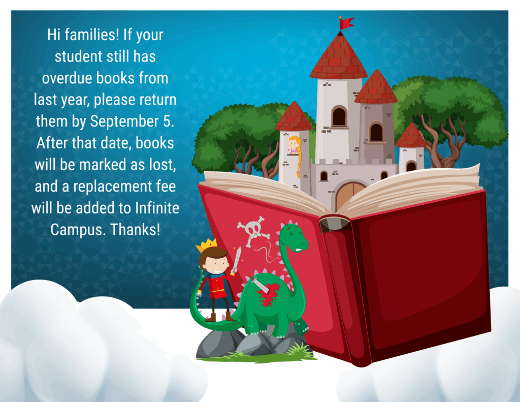 Reminder to families about overdue book returns by September 5, with a colorful castle and dinosaur illustration.