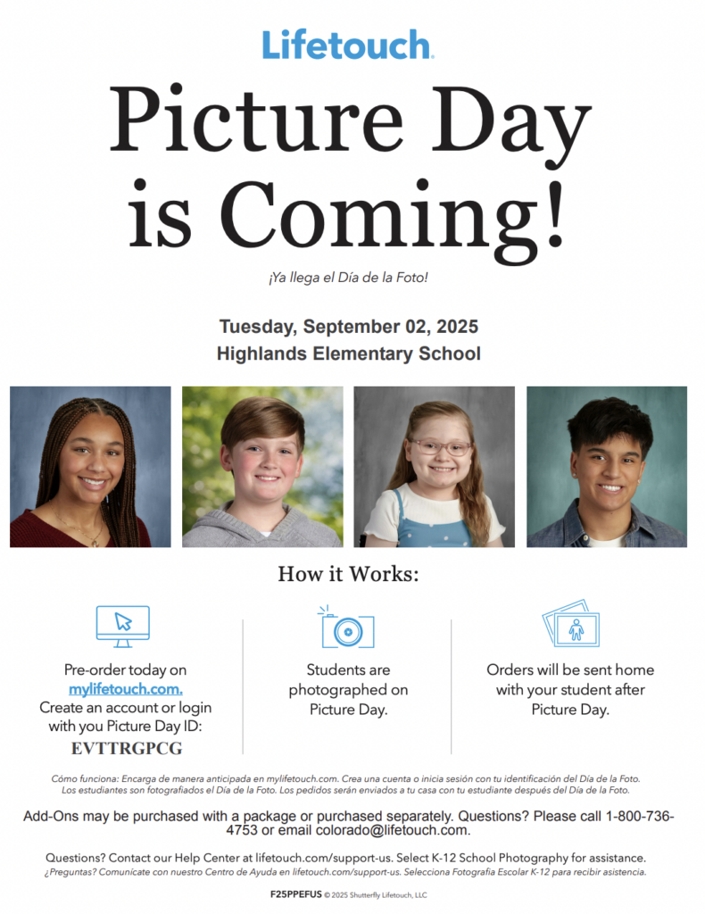 Image promoting Picture Day at Highlands Elementary School on September 2, 2025, with details on how to prepare.