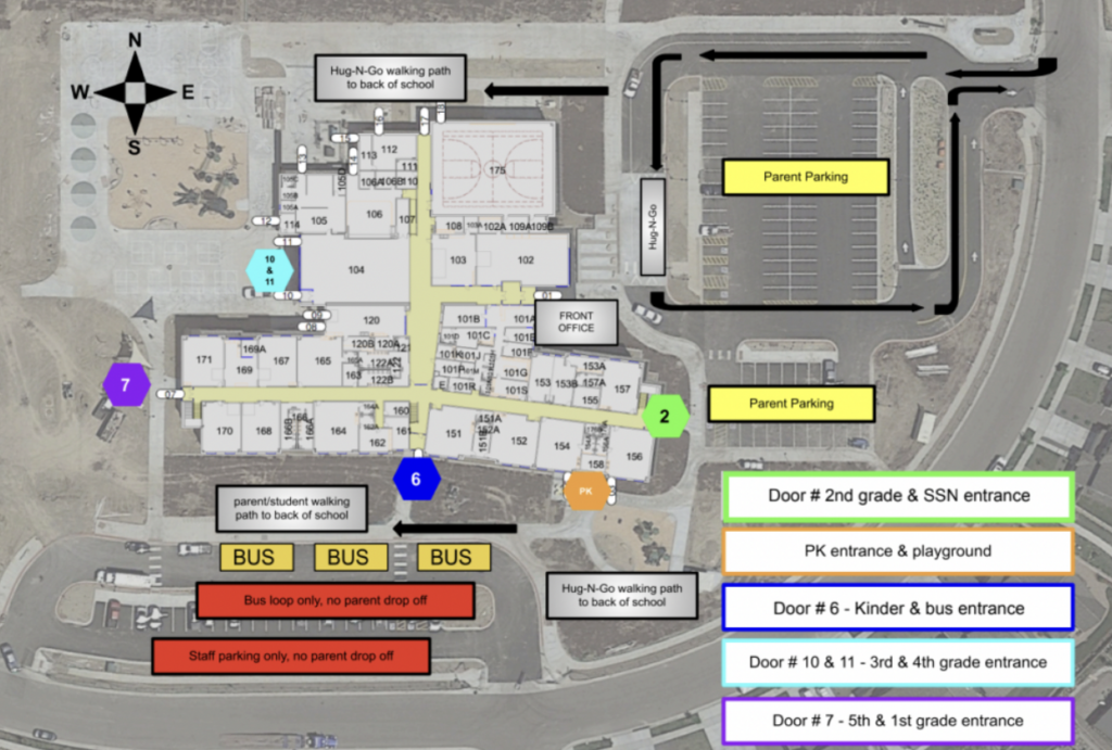 School layout map showing entrances, bus routes, parking areas, and walking paths. Key locations marked with colors.