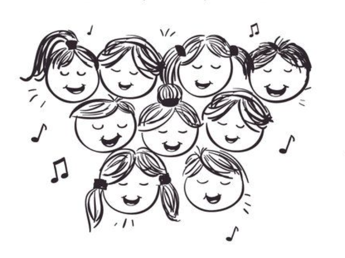 Nine cartoon faces with closed eyes and smiling mouths, surrounded by musical notes, convey singing joy.