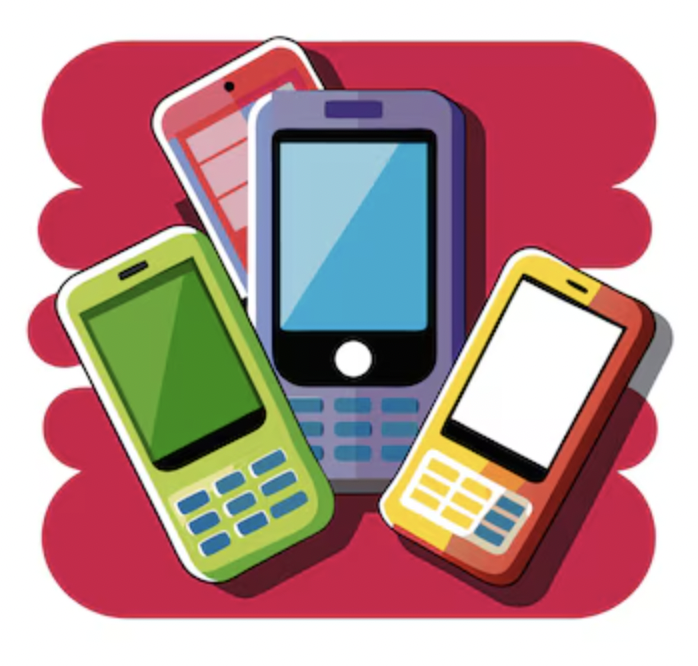 Illustration of five colorful mobile phones on a bright pink background.