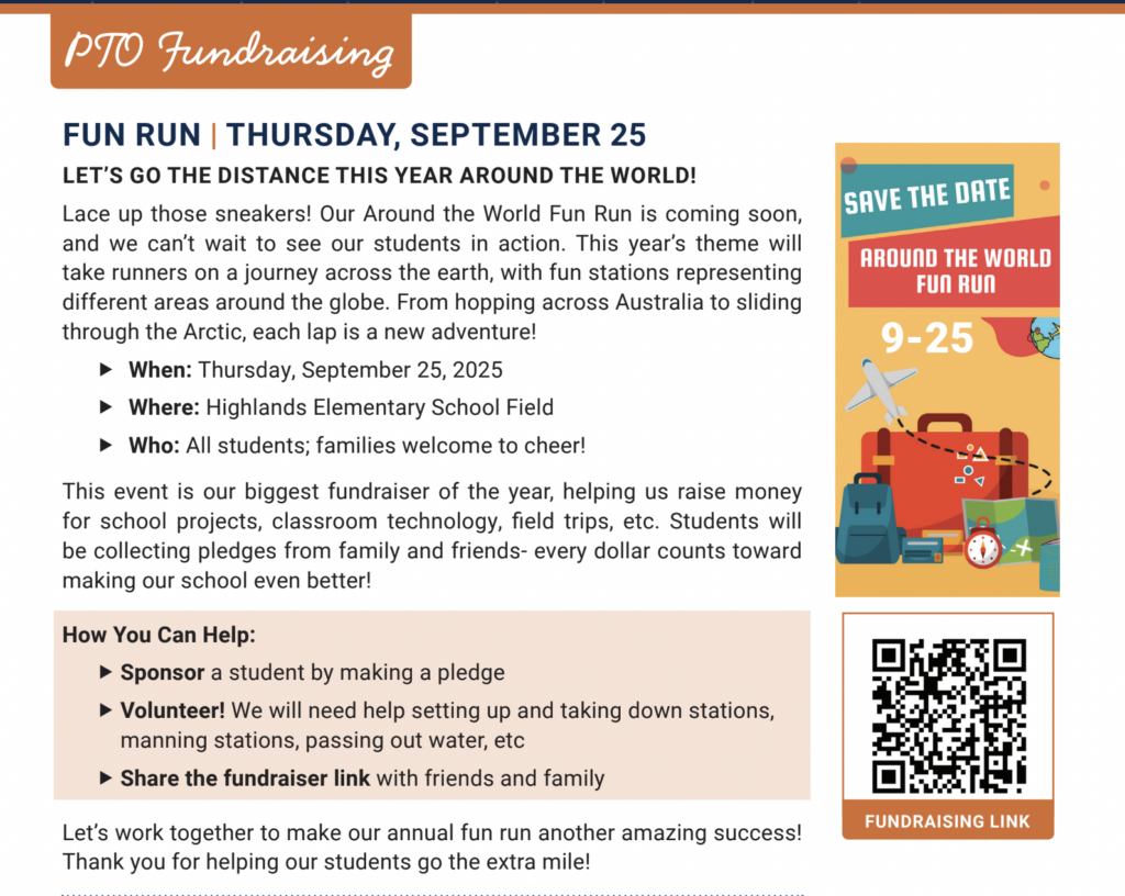 Poster for a PTO fundraising fun run on September 25, 2025, at Highlands Elementary School, featuring event details.