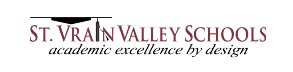 Logo of St. Vrain Valley Schools with the tagline "academic excellence by design" in maroon and black text.