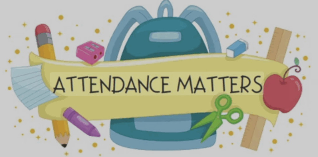A colorful illustration featuring a backpack and school supplies with the text "Attendance Matters" on a banner.