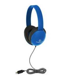 Blue wired headphones with a black ear cushion and a USB connector.