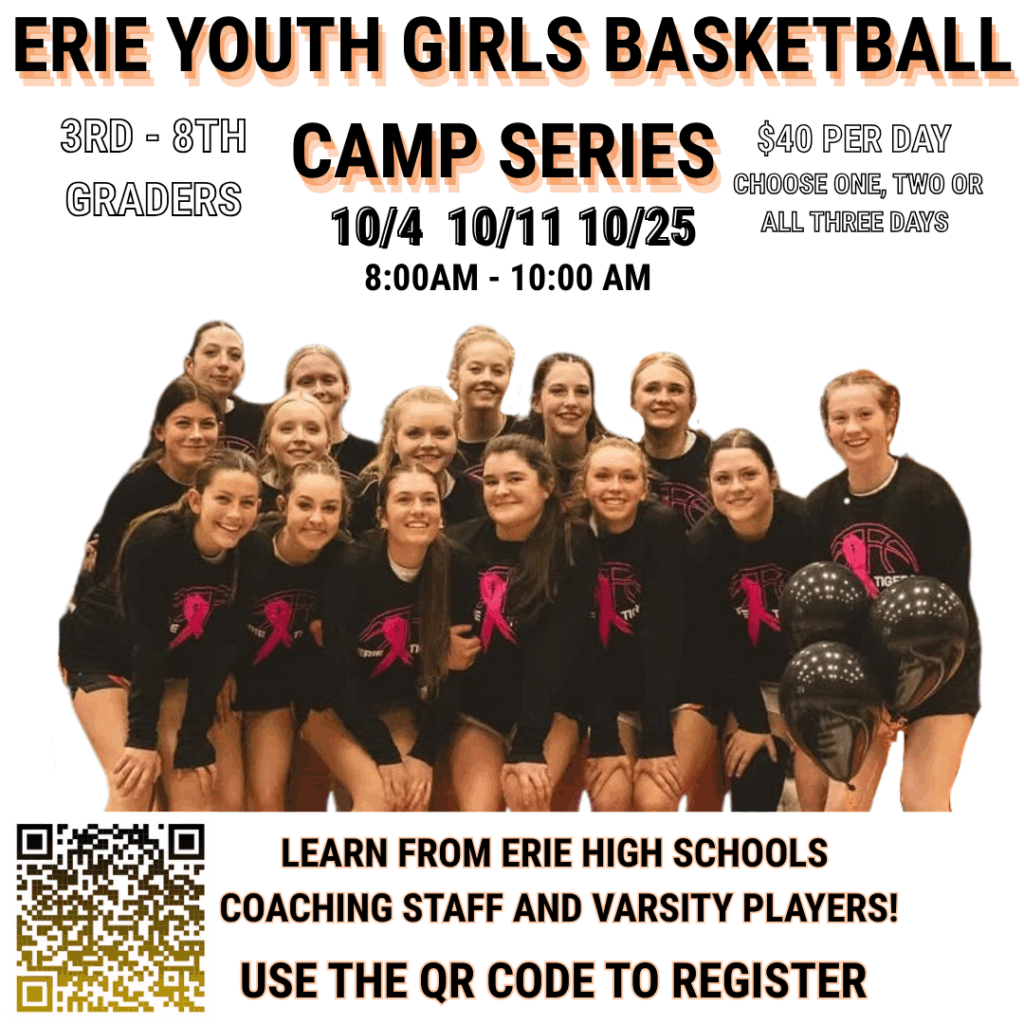 Group photo of girls' basketball players promoting a youth camp series with event details and a QR code for registration.