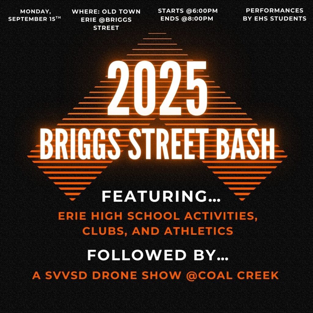 Event poster for the 2025 Briggs Street Bash featuring school activities, starting September 15 at 6 PM in Erie.