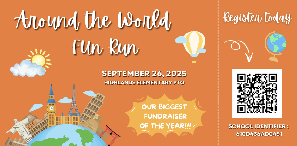 Promotional graphic for a fun run on September 26, 2025, to benefit Highlands Elementary PTO with a QR code for registration.