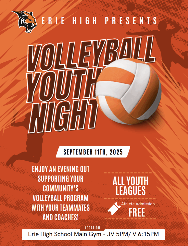 Event poster for Erie High's Volleyball Youth Night on September 11, 2025, at the main gym. Free admission for athletes.