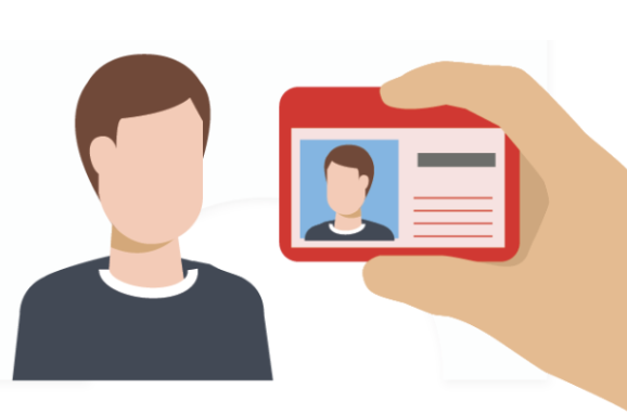 A hand holds a red ID card with a photo, next to an illustration of a person’s face without distinct features.