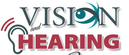 Logo featuring the words "Vision and Hearing" with an eye symbol and a hearing icon, emphasizing sensory health.