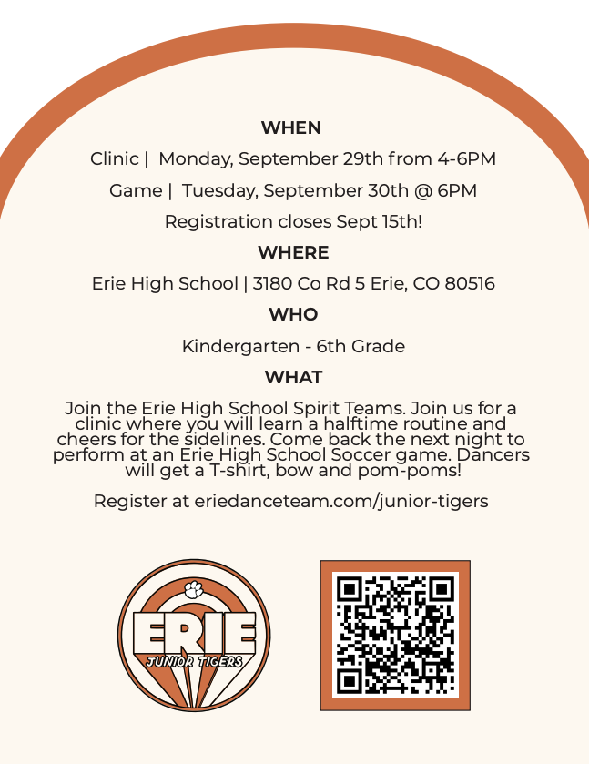 Event flyer for Erie Junior Tigers clinic and game details, including dates, location, and registration info.