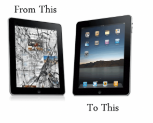 Image shows two iPads: one with a cracked screen labeled "From This" and another with a clear screen labeled "To This."