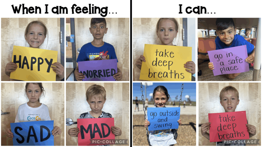 Children express different feelings and coping strategies through signs, showing emotions like happy, worried, sad, and mad.