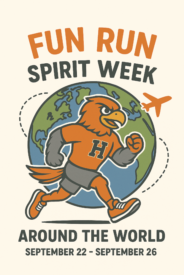 A cartoon mascot runs around a globe, promoting a fun run spirit week from September 22 to 26.