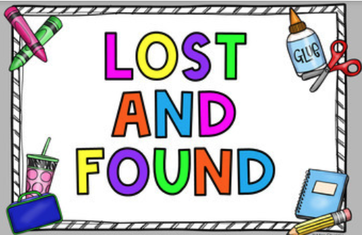 Colorful "Lost and Found" sign surrounded by school supplies like crayons, glue, scissors, and a notebook.