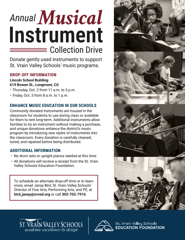 Annual musical instrument collection drive details for St. Vrain Valley Schools, with drop-off times and contact info.