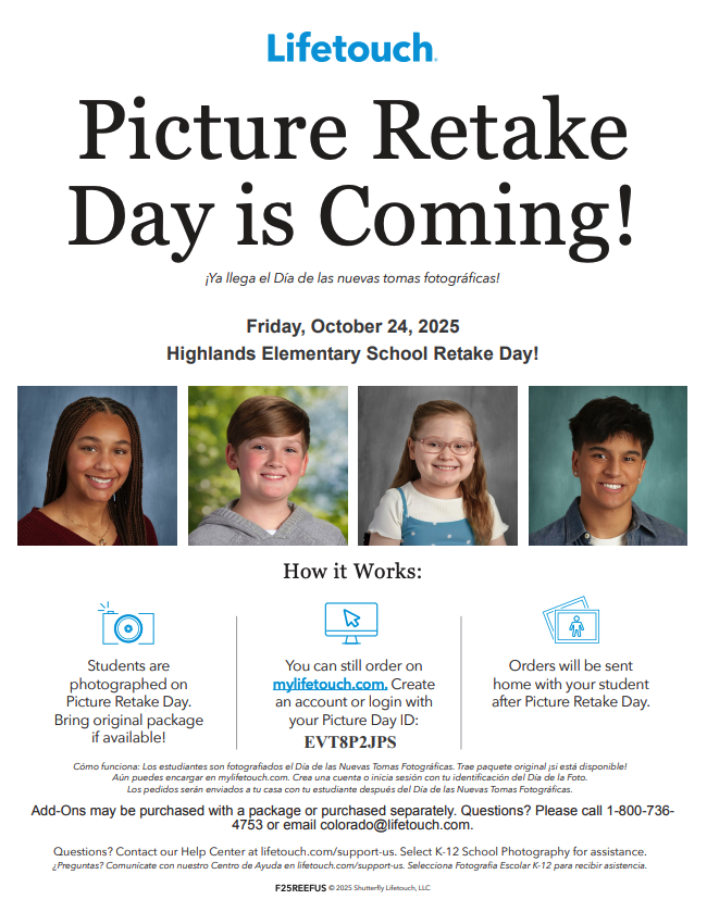 Announcement for Highlands Elementary Picture Retake Day on October 24, 2025, with details on how to order photos.