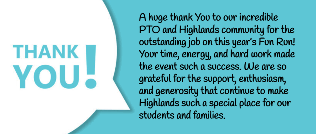 Text in a speech bubble expresses gratitude to the PTO and community for their support in the Fun Run event.