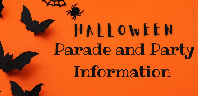 Text on an orange background reads "Halloween Parade and Party Information," with black bat and spider decorations.