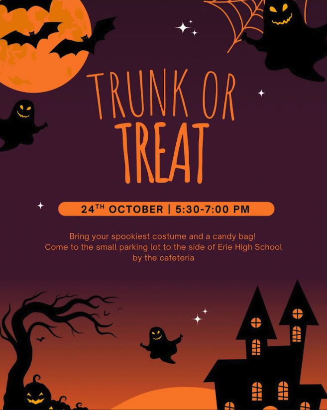 Event flyer for "Trunk or Treat" on October 24, 5:30-7 PM at Erie High School. Costume and candy bag encouraged.