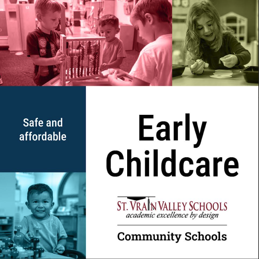 Image promoting early childcare with children playing and learning, featuring the St. Vrain Valley Schools logo.