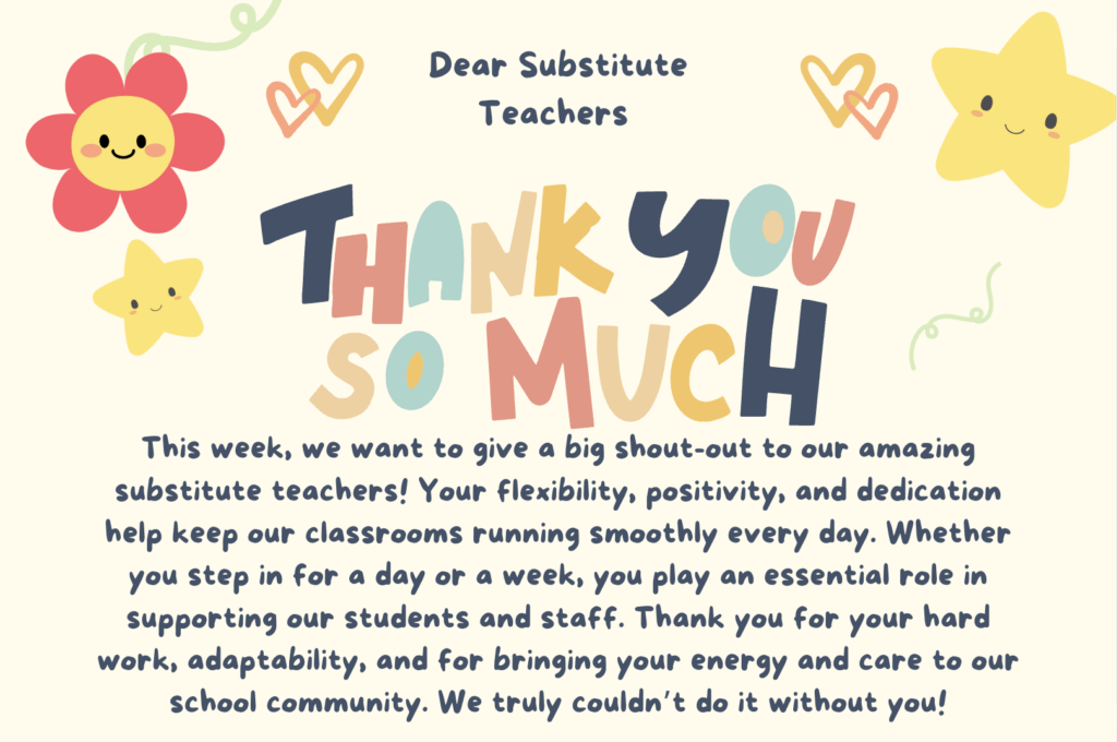 Colorful thank-you note for substitute teachers, featuring flowers, stars, and a heartfelt message of appreciation.