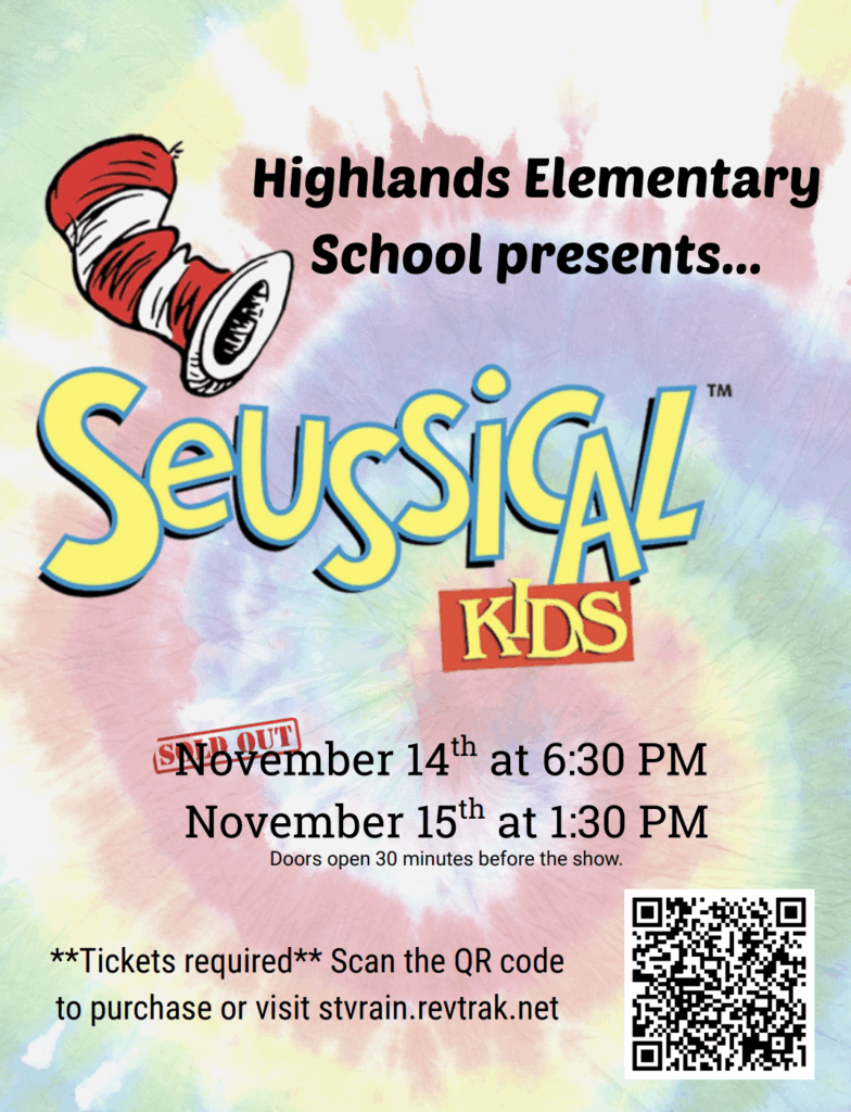 Highlands Elementary School presents "Seussical Kids" on November 14 at 6:30 PM and November 15 at 1:30 PM.