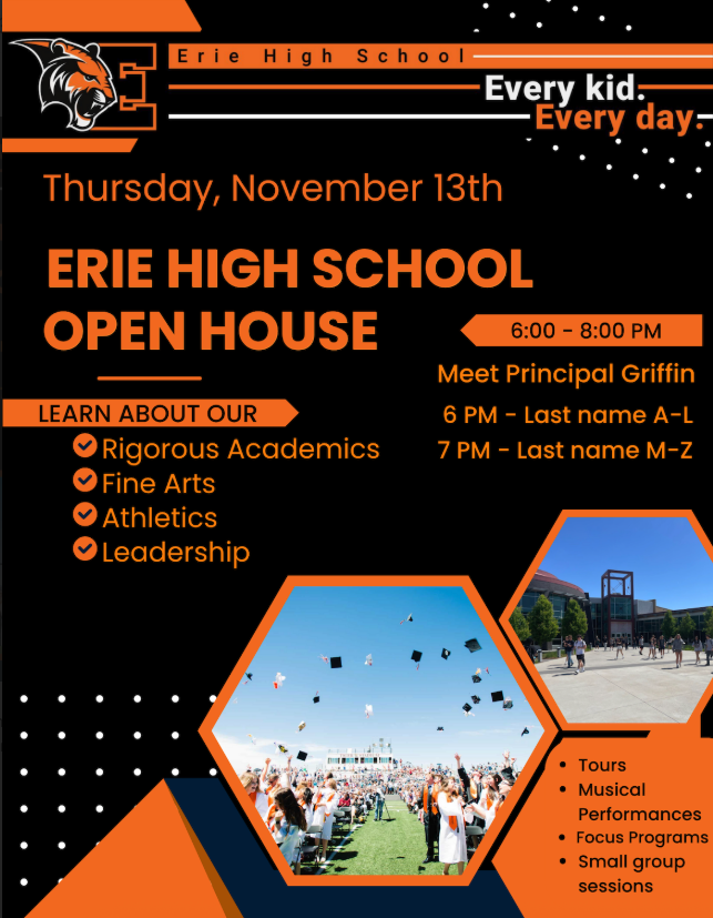 Erie High School Open House on November 13, 6-8 PM. Meet Principal Griffin and learn about academics and activities.