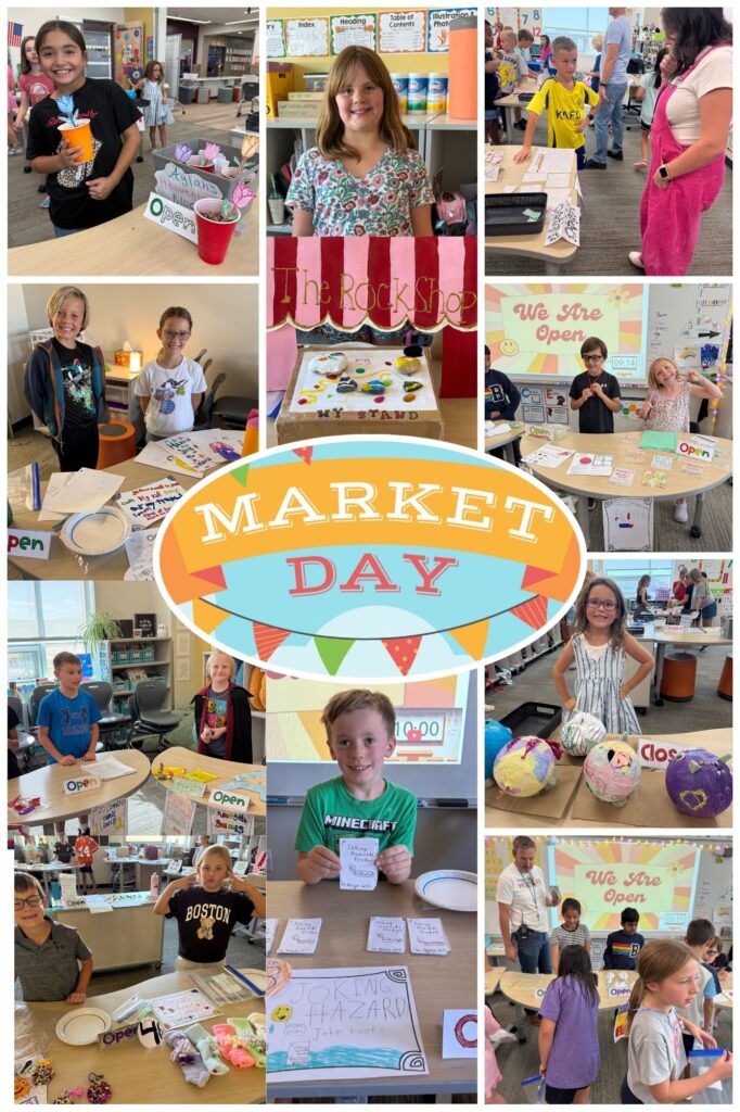 Students showcase their projects at Market Day, featuring various stands and creative products in a classroom setting.