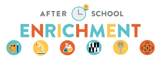 Title "After School Enrichment" with icons representing art, science, chess, sports, and STEM activities.