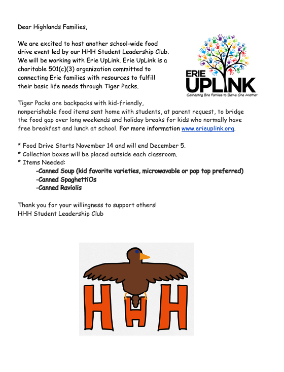 Letter about a school food drive, detailing collection dates, needed items, and partnership with Erie Uplink.