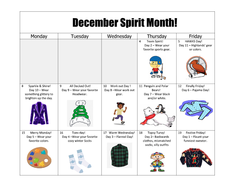 A calendar for December Spirit Month with themed dress days, including sparkle day, team spirit, and pajama day.