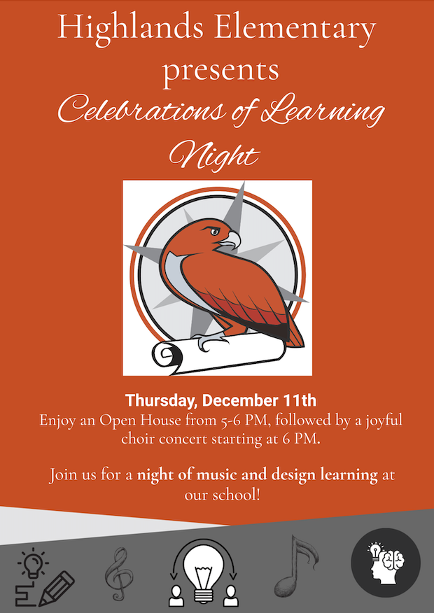 Event flyer for Highlands Elementary's Celebrations of Learning Night on December 11th, featuring music and design learning.