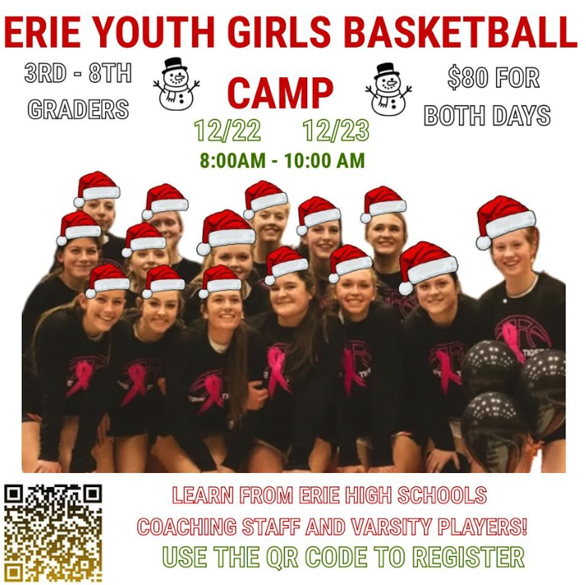 Group of girls in basketball attire promoting a youth camp on December 22-23. Cost is $80, registration via QR code.