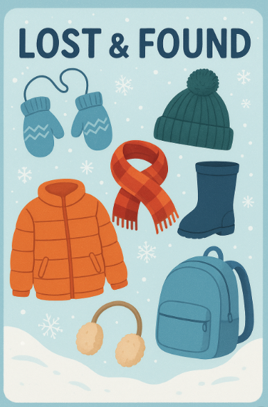 Illustration of winter clothing items: mittens, hat, jacket, scarf, boot, earmuffs, and a backpack with "Lost & Found" text.