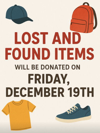 Graphic announcing that lost and found items will be donated on December 19th, featuring clothing and accessories illustrations.