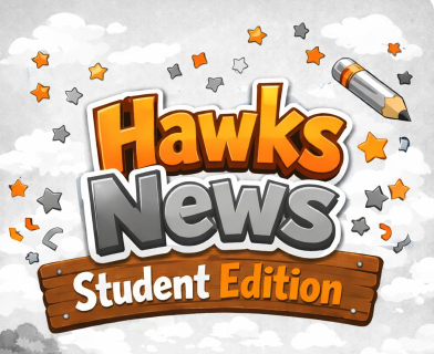 Logo for "Hawks News, Student Edition" featuring stars and a pencil on a cloudy background.