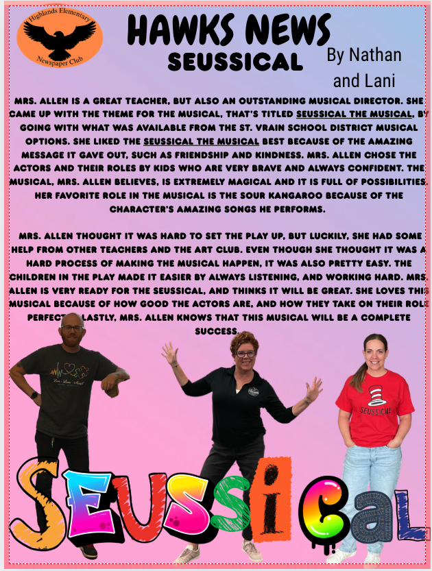 Image of a newspaper article titled "Hawks News: Seussical" featuring three smiling teachers discussing a school musical.