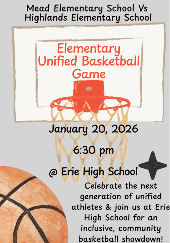 Event poster for a unified basketball game between Mead and Highlands Elementary on January 20, 2026, at Erie High School.
