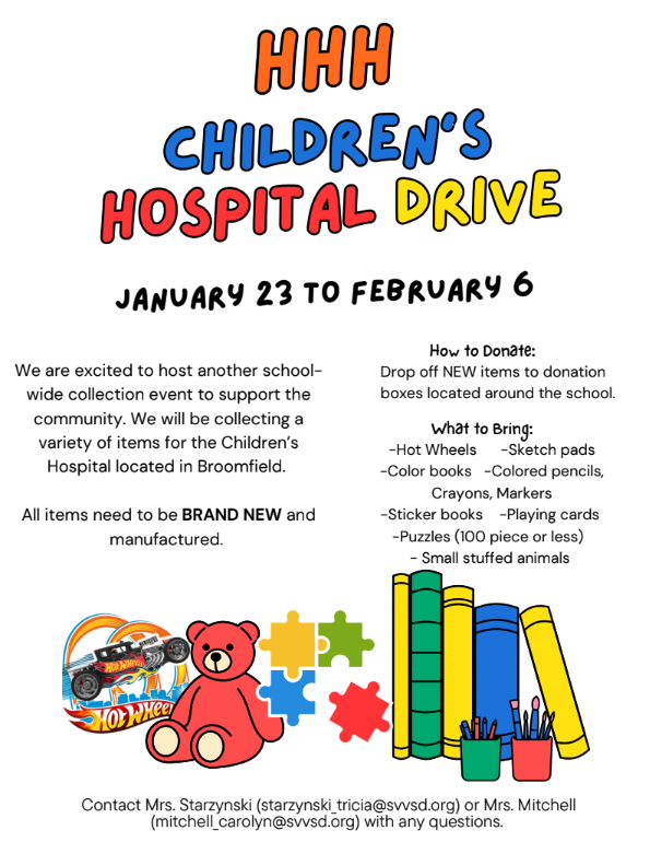 Colorful flyer promoting a children's hospital drive, listing donation items and collection dates from January 23 to February 6.